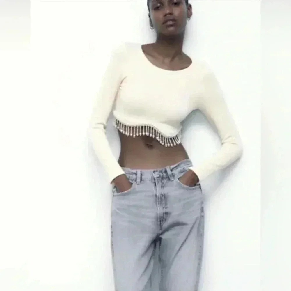 Zara Cream Seamless‎ Pearl Crop Top Size Medium